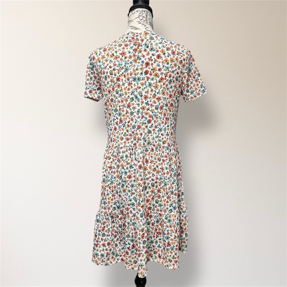 ZARA M Cream Floral Ribbed Knit Tiered Mini Dress Short Sleeve Cottagecore Boho - Picture 3 of 7